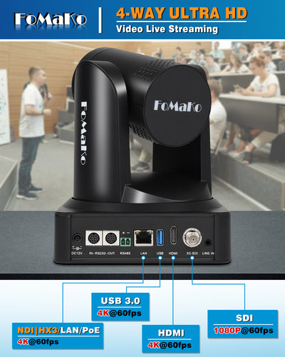 FoMaKo 4K NDI PTZ Camera, Support NDI HX3 4K 60fps Video Output, 20x Optical Zoom, AI Auto-Tracking Gen 3, 3G-SDI LAN USB PoE, for Church Worship Live Services Live Studio(NDI 6 and NDI | HX3) K800N