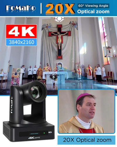 FoMaKo 4K NDI PTZ Camera, Support NDI HX3 4K 60fps Video Output, 20x Optical Zoom, AI Auto-Tracking Gen 3, 3G-SDI LAN USB PoE, for Church Worship Live Services Live Studio(NDI 6 and NDI | HX3) K800N