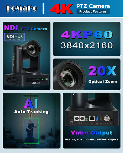FoMaKo 4K NDI PTZ Camera, Support NDI HX3 4K 60fps Video Output, 20x Optical Zoom, AI Auto-Tracking Gen 3, 3G-SDI LAN USB PoE, for Church Worship Live Services Live Studio(NDI 6 and NDI | HX3) K800N
