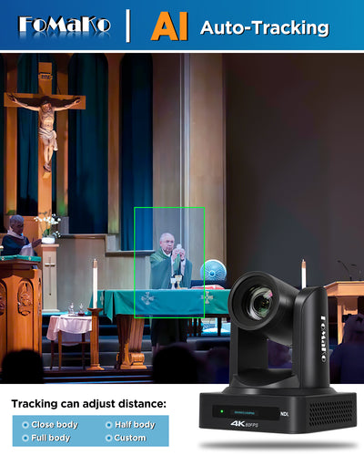 FoMaKo 4K NDI PTZ Camera, Support NDI HX3 4K 60fps Video Output, 20x Optical Zoom, AI Auto-Tracking Gen 3, 3G-SDI LAN USB PoE, for Church Worship Live Services Live Studio(NDI 6 and NDI | HX3) K800N