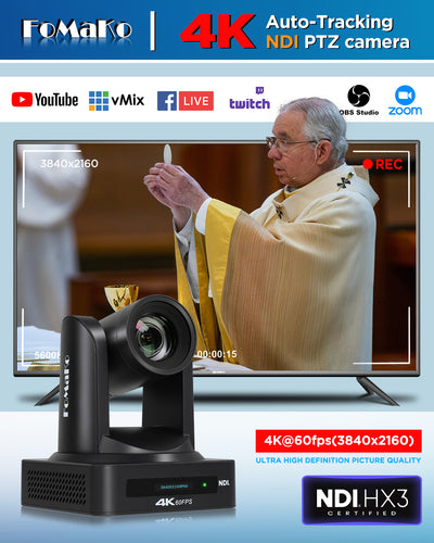 FoMaKo 4K NDI PTZ Camera, Support NDI HX3 4K 60fps Video Output, 20x Optical Zoom, AI Auto-Tracking Gen 3, 3G-SDI LAN USB PoE, for Church Worship Live Services Live Studio(NDI 6 and NDI | HX3) K800N
