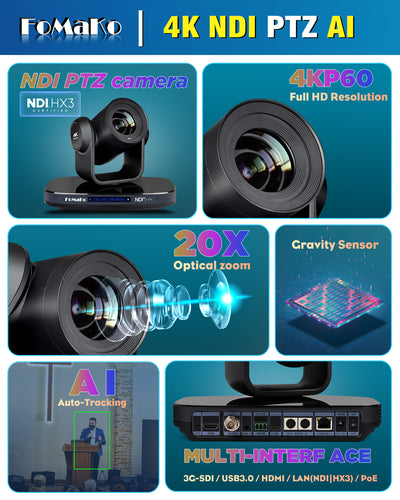 FoMaKo K820N 60FPS 4K NDI PTZ Camera, 20X Optical Zoom, Supports NDI 4K 60fps, 4KP60 AI Auto-Tracking, 1/1.8 UHD CMOS 8.42MP, USB 3.0 3G-SDI HDMI, for Church, Worship, Education, Events