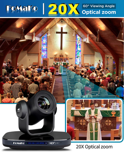 FoMaKo K820N 60FPS 4K NDI PTZ Camera, 20X Optical Zoom, Supports NDI 4K 60fps, 4KP60 AI Auto-Tracking, 1/1.8 UHD CMOS 8.42MP, USB 3.0 3G-SDI HDMI, for Church, Worship, Education, Events