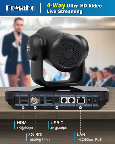 FoMaKo K820N 60FPS 4K NDI PTZ Camera, 20X Optical Zoom, Supports NDI 4K 60fps, 4KP60 AI Auto-Tracking, 1/1.8 UHD CMOS 8.42MP, USB 3.0 3G-SDI HDMI, for Church, Worship, Education, Events