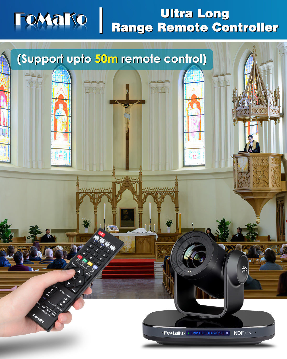 FoMaKo K820N 60FPS 4K NDI PTZ Camera, 20X Optical Zoom, Supports NDI 4K 60fps, 4KP60 AI Auto-Tracking, 1/1.8 UHD CMOS 8.42MP, USB 3.0 3G-SDI HDMI, for Church, Worship, Education, Events