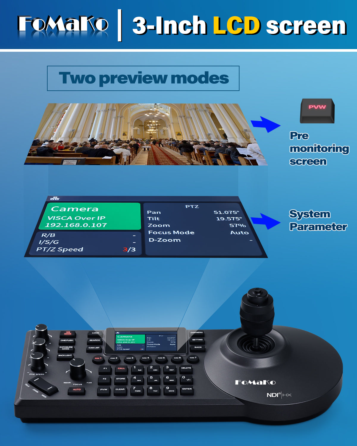 FoMaKo KC608 Pro NDI PTZ Camera Controller PoE Powered, Built-in LCD P