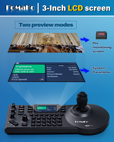 FoMaKo KC608 Pro NDI PTZ Camera Controller PoE Powered, Built-in LCD Preview, 4D Precision Joystick, NDI Technology
