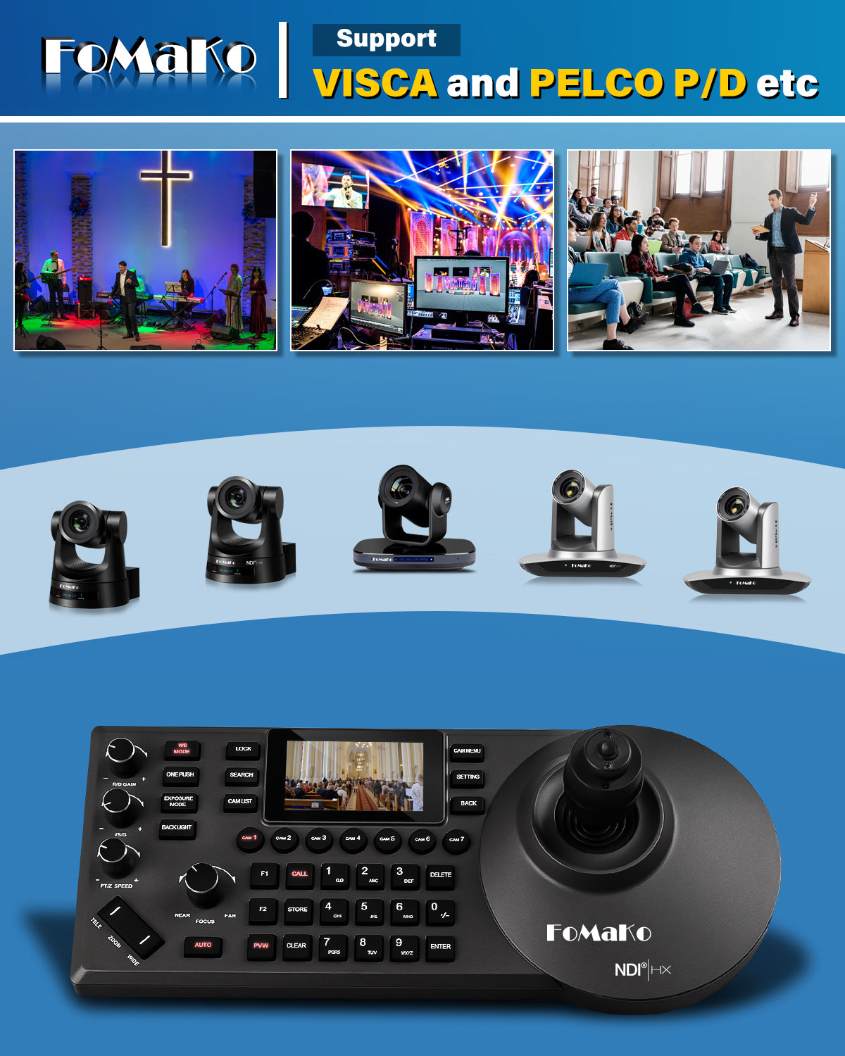 FoMaKo KC608 Pro NDI PTZ Camera Controller PoE Powered, Built-in LCD Preview, 4D Precision Joystick, NDI Technology