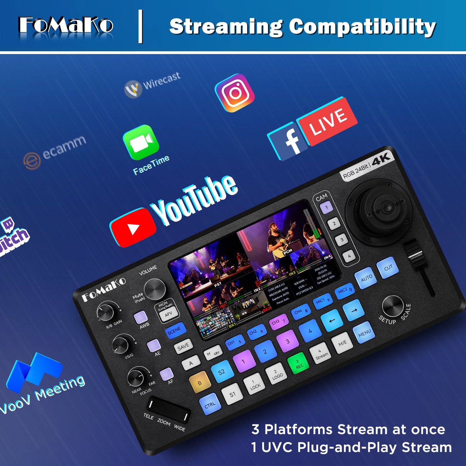 FoMaKo KC800 4K HDMI Multi-Camera Streaming Video Mixer Switcher, Integrated 4D Joystick PTZ Camera Controller, 5.5" LCD Screen, Pro XLR Audio and USB/SD Recording,4K 60FPS Input, 1080p 60FPS Output