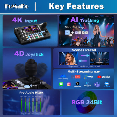 FoMaKo KC800 4K HDMI Multi-Camera Streaming Video Mixer Switcher, Integrated 4D Joystick PTZ Camera Controller, 5.5" LCD Screen, Pro XLR Audio and USB/SD Recording,4K 60FPS Input, 1080p 60FPS Output