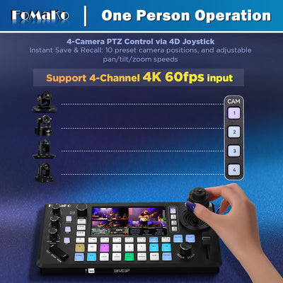 FoMaKo KC800 4K HDMI Multi-Camera Streaming Video Mixer Switcher, Integrated 4D Joystick PTZ Camera Controller, 5.5" LCD Screen, Pro XLR Audio and USB/SD Recording,4K 60FPS Input, 1080p 60FPS Output