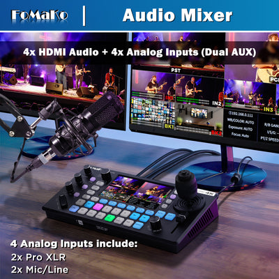 FoMaKo KC800 4K HDMI Multi-Camera Streaming Video Mixer Switcher, Integrated 4D Joystick PTZ Camera Controller, 5.5" LCD Screen, Pro XLR Audio and USB/SD Recording,4K 60FPS Input, 1080p 60FPS Output