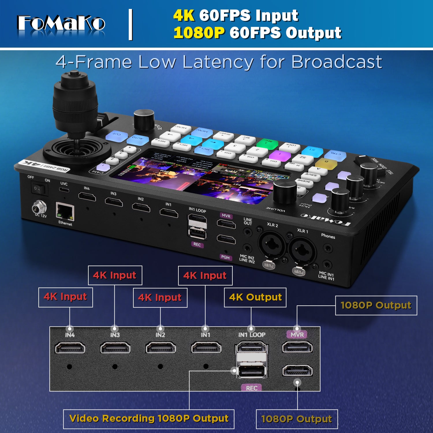 FoMaKo KC800 4K HDMI Multi-Camera Streaming Video Mixer Switcher, Integrated 4D Joystick PTZ Camera Controller, 5.5" LCD Screen, Pro XLR Audio and USB/SD Recording,4K 60FPS Input, 1080p 60FPS Output
