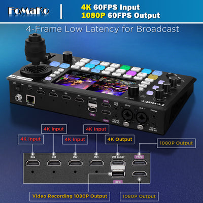 FoMaKo KC800 4K HDMI Multi-Camera Streaming Video Mixer Switcher, Integrated 4D Joystick PTZ Camera Controller, 5.5" LCD Screen, Pro XLR Audio and USB/SD Recording,4K 60FPS Input, 1080p 60FPS Output