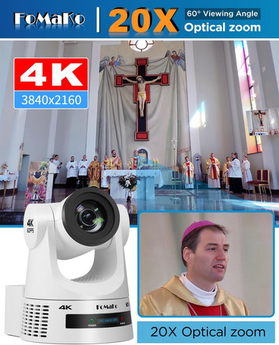 FoMaKo K600NW 4K 60fps NDI PTZ Camera, NDI|HX3 4K 60fps Output,20X Optical Zoom,Gen 3 AI Auto-Tracking, 3G-SDI HDMI NDI USB PoE, for Church Worship & Live Streaming, White
