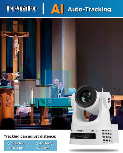 FoMaKo K600NW 4K 60fps NDI PTZ Camera, NDI|HX3 4K 60fps Output,20X Optical Zoom,Gen 3 AI Auto-Tracking, 3G-SDI HDMI NDI USB PoE, for Church Worship & Live Streaming, White