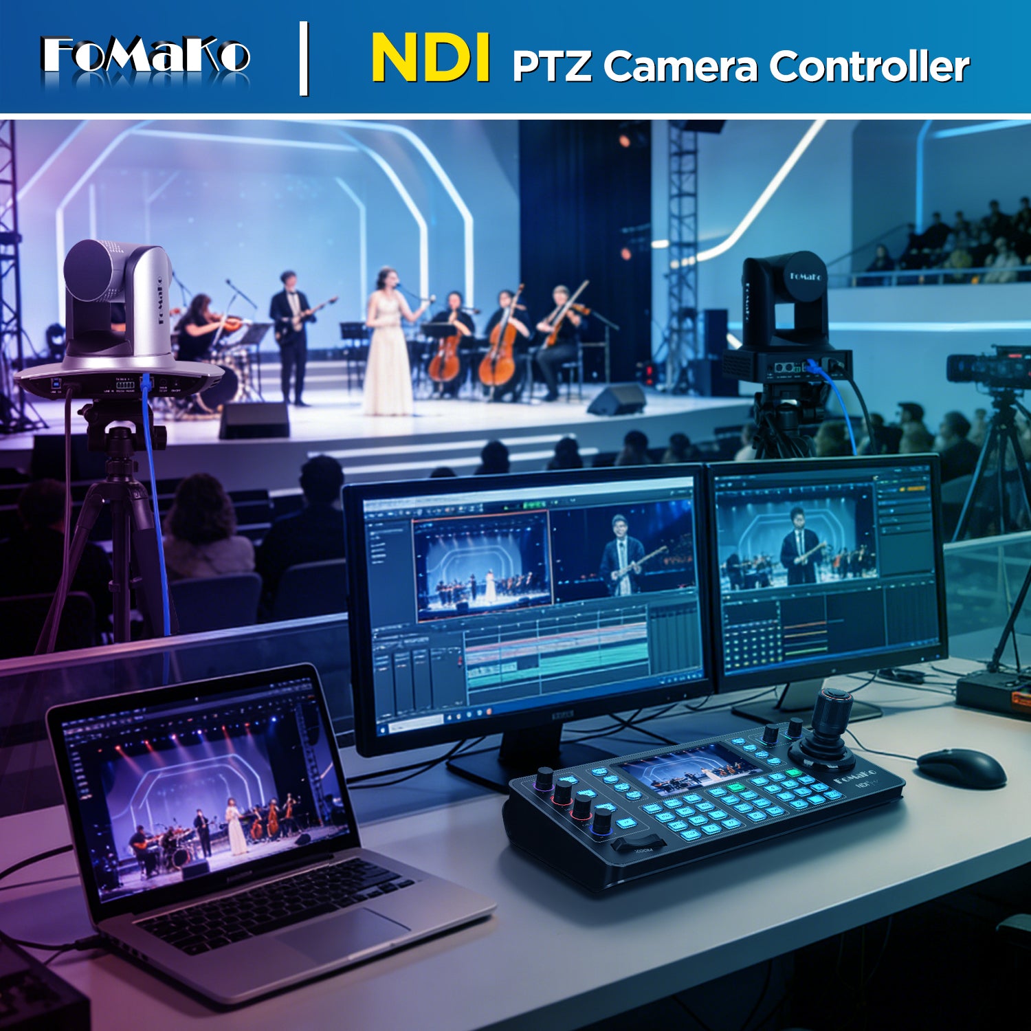 FoMaKo KC608N PTZ Camera Controller, Quad-Screen 4K Multi-Channel Preview, 5.5" Capacitive Touchscreen, 4D Hall Joystick, PoE, VISCA/Pelco/NDI HX, for Church, Worship, Studio, Education, Events