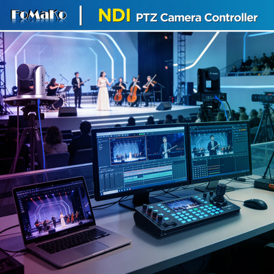 FoMaKo KC608N PTZ Camera Controller, Quad-Screen 4K Multi-Channel Preview, 5.5" Capacitive Touchscreen, 4D Hall Joystick, PoE, VISCA/Pelco/NDI HX, for Church, Worship, Studio, Education, Events