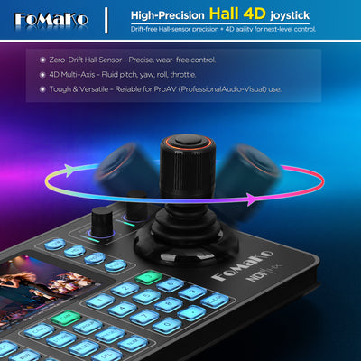 FoMaKo KC608N PTZ Camera Controller, Quad-Screen 4K Multi-Channel Preview, 5.5" Capacitive Touchscreen, 4D Hall Joystick, PoE, VISCA/Pelco/NDI HX, for Church, Worship, Studio, Education, Events