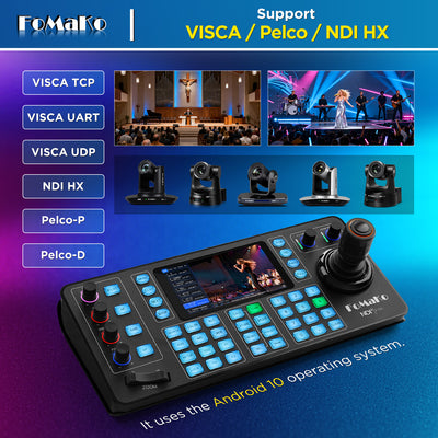 FoMaKo KC608N PTZ Camera Controller, Quad-Screen 4K Multi-Channel Preview, 5.5" Capacitive Touchscreen, 4D Hall Joystick, PoE, VISCA/Pelco/NDI HX, for Church, Worship, Studio, Education, Events
