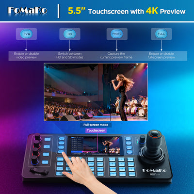 FoMaKo KC608N PTZ Camera Controller, Quad-Screen 4K Multi-Channel Preview, 5.5" Capacitive Touchscreen, 4D Hall Joystick, PoE, VISCA/Pelco/NDI HX, for Church, Worship, Studio, Education, Events