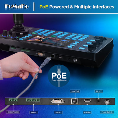FoMaKo KC608N PTZ Camera Controller, Quad-Screen 4K Multi-Channel Preview, 5.5" Capacitive Touchscreen, 4D Hall Joystick, PoE, VISCA/Pelco/NDI HX, for Church, Worship, Studio, Education, Events