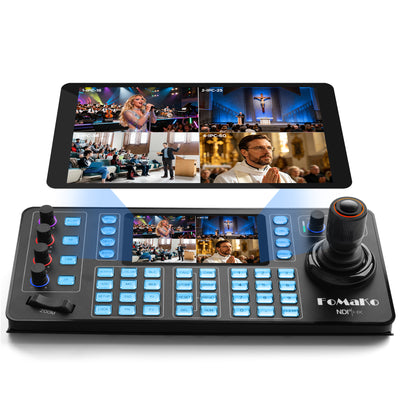 FoMaKo KC608N PTZ Camera Controller, Quad-Screen 4K Multi-Channel Preview, 5.5" Capacitive Touchscreen, 4D Hall Joystick, PoE, VISCA/Pelco/NDI HX, for Church, Worship, Studio, Education, Events