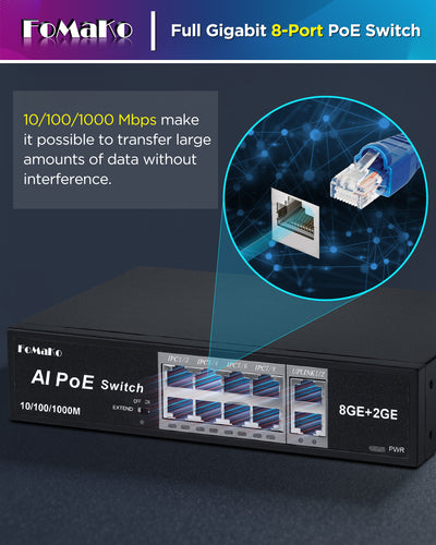 FoMaKo P1000 Computer Networking Switches| 8 PoE+ Port @ 120W | 8 Port PoE Gigabit Ethernet Switch | Plug & Play | Extend Mode | PoE Auto Recovery | Silent Operation