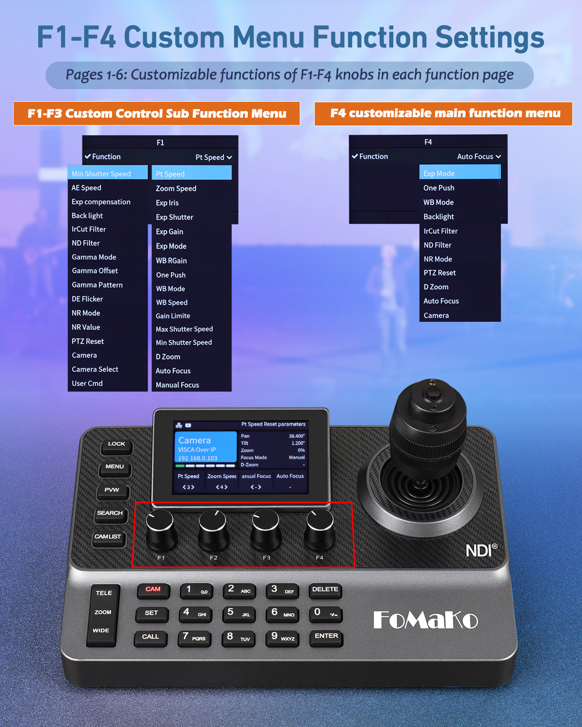 FoMaKo NDI PTZ Camera Controller, LCD Preview, NDI PTZ Controller Keyb