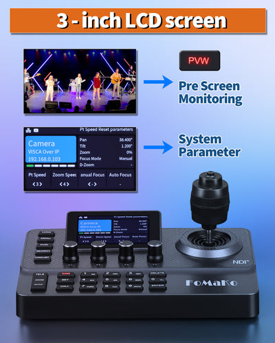 FoMaKo NDI PTZ Camera Controller, LCD Preview, NDI PTZ Controller Keyboard with 4D Joystick, for Church Worship Education Conference Events (NDI License Included) KC606N NDI Controller