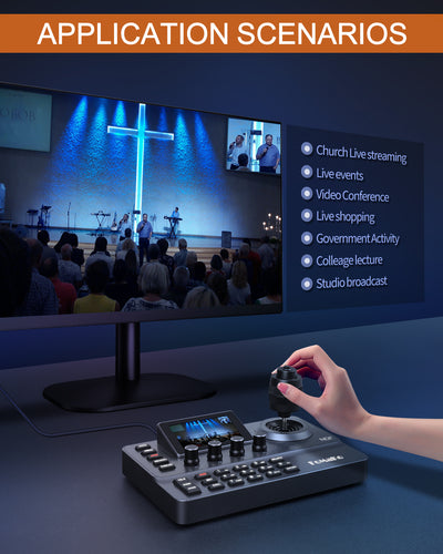 FoMaKo NDI PTZ Camera Controller, LCD Preview, NDI PTZ Controller Keyboard with 4D Joystick, for Church Worship Education Conference Events (NDI License Included) KC606N NDI Controller