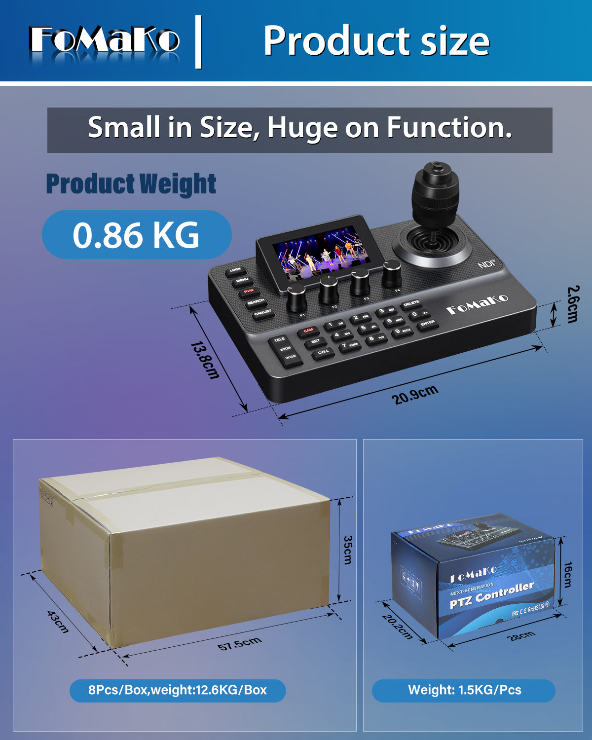 FoMaKo NDI PTZ Camera Controller, LCD Preview, NDI PTZ Controller Keyboard with 4D Joystick, for Church Worship Education Conference Events (NDI License Included) KC606N NDI Controller