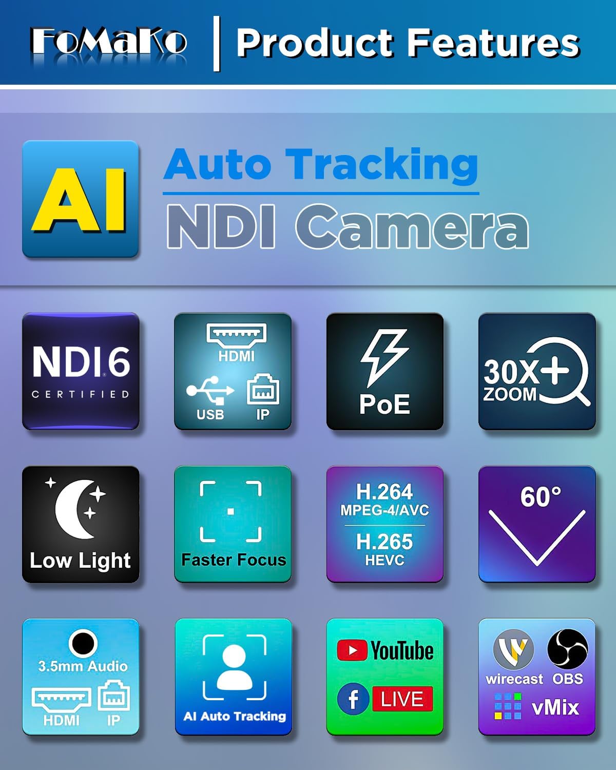 FoMaKo KN30A Pro NDI PTZ Camera,30X Optical Zoom, AI Auto-Tracking Gen 3, HDMI PTZ Camera for Church Worship Live Services Education Events PoE(Official NDI 6 & NDI HX3 Certified)