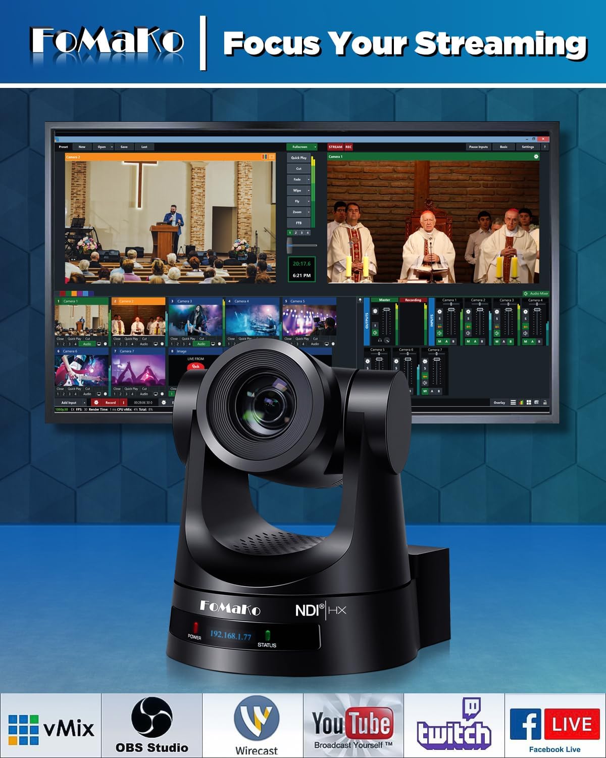 FoMaKo KN30A Pro NDI PTZ Camera,30X Optical Zoom, AI Auto-Tracking Gen 3, HDMI PTZ Camera for Church Worship Live Services Education Events PoE(Official NDI 6 & NDI HX3 Certified)
